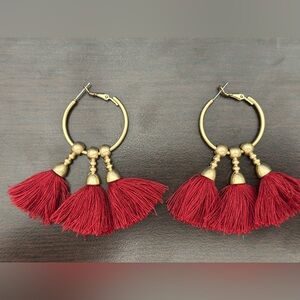 Gold and Red Tassel Hoop Earrings
